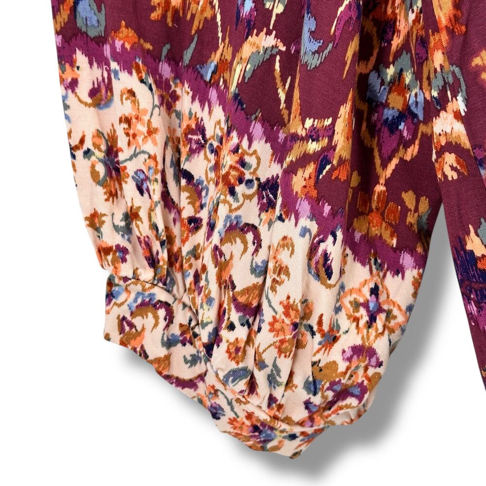 New Democracy Ruffle Collar Floral Print Knit Shirt Plus Size 3X Berry Purple - Picture 6 of 11